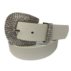 Women's Sm White Faux Leather Rhinestone Buckle Belt Western Cowgirl Bling Glam